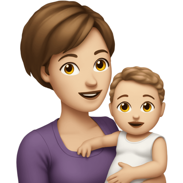 A white skinned mother with short brown hair holding her white skin and brown hair baby girl emoji