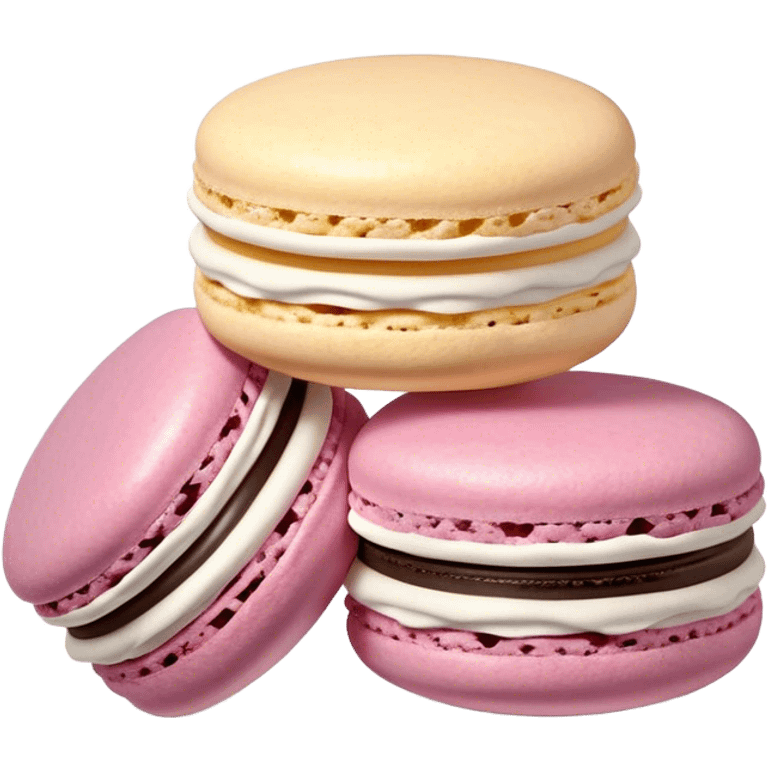 Cinematic Realistic Macaroon Dessert Emoji, showcasing colorful, delicate meringue-based cookies with a crisp exterior rendered with vibrant textures and playful, soft lighting. emoji