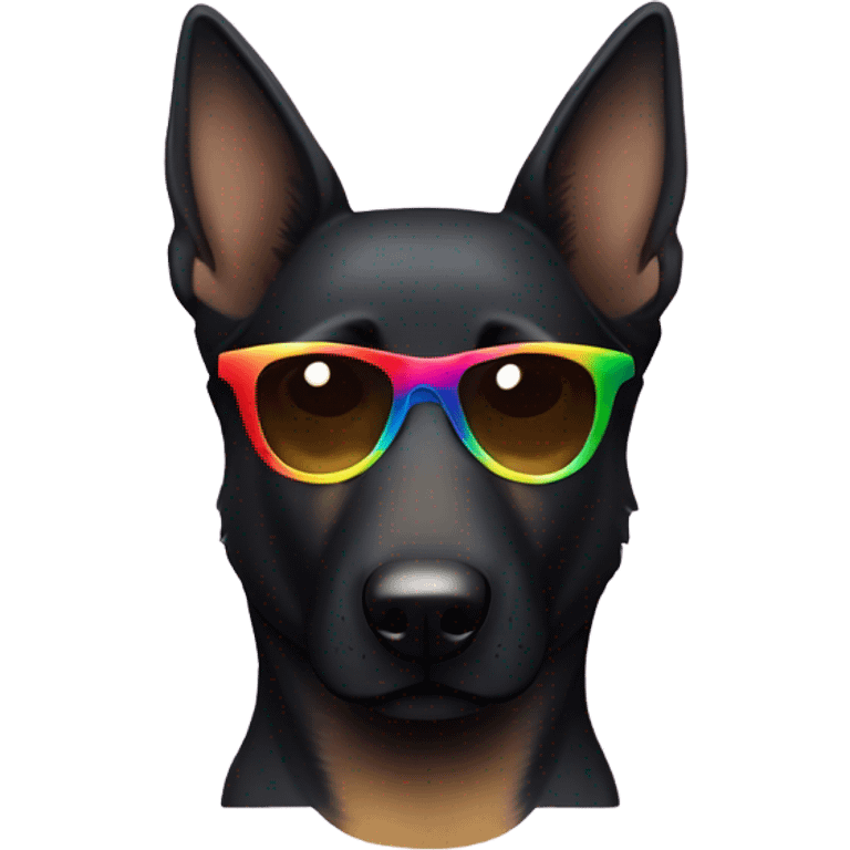 Black German Shepard with brown eyebrows and highlights with rainbow sunglasses emoji