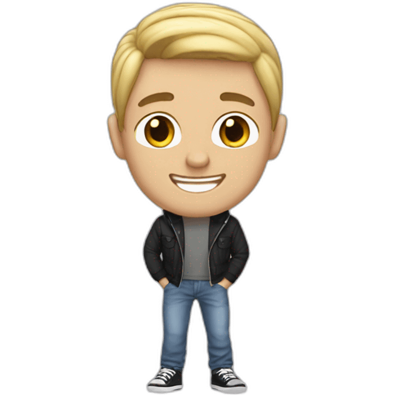 white gay man with black hair, with short light jeans and a hoddie smiling emoji