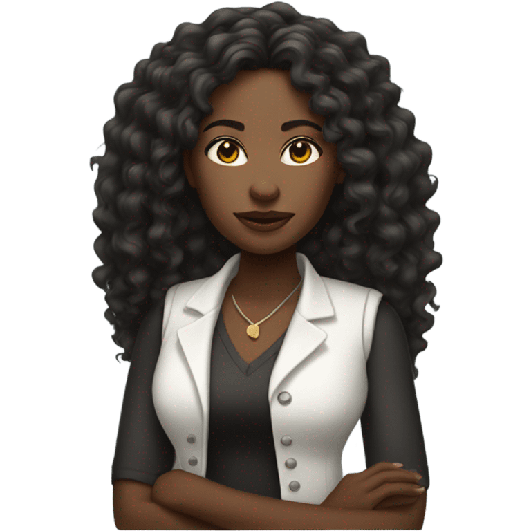 Black woman with long curly hair wearing a white vest emoji