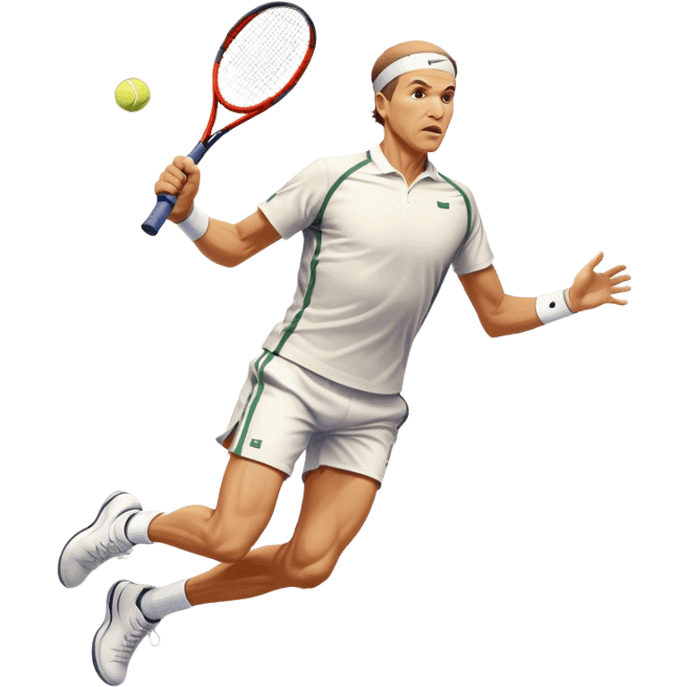 Cinematic Realistic portrait of Goran Ivanišević, depicted as an iconic tennis player in dynamic motion with detailed athletic gear and intense focus, illuminated by bold stadium lighting that accentuates his competitive spirit. emoji