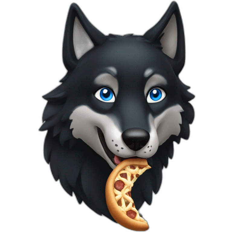 a full black wolf with blue eyes eating a bretzel emoji