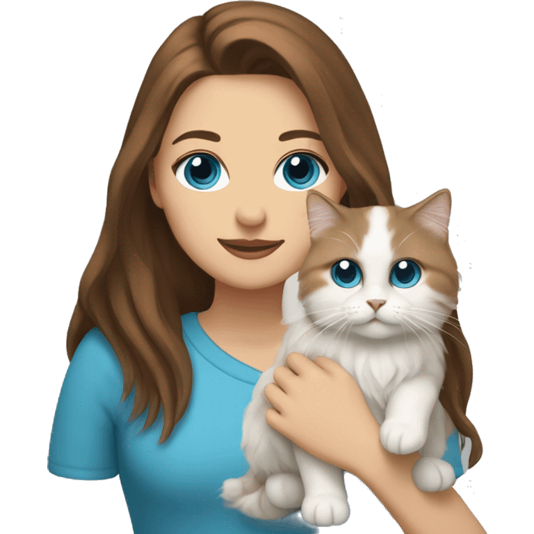 Woman with brown long hair, a beard and blue eyes holding a white Siberian cat emoji