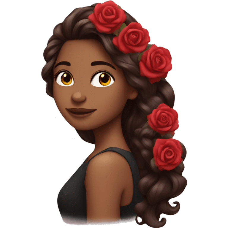 Beautiful, rose, red, flowers in hair, long dark brown hair, fair skin emoji