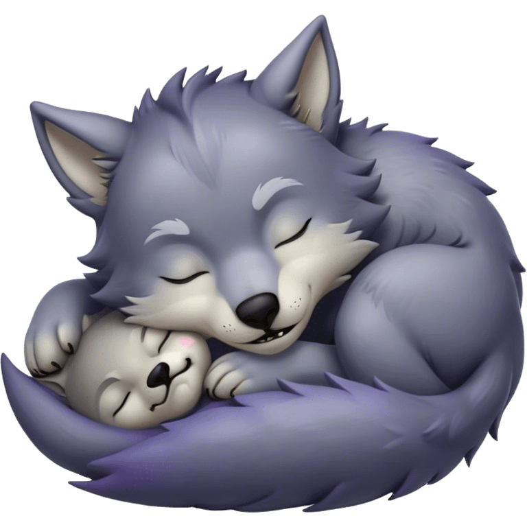 Meme-Worthy Cute Sleeping Werewolf Portrait Emoji, with a cuddly, miniature lupine form in soft moonlit grays and silvers, head resting peacefully with gently closed dreamy eyes and a small, content smile, simplified yet irresistibly endearing, highly detailed with a soft glowing outline that captures the cozy, sleepy essence of a werewolf after frolicking under the full moon! emoji