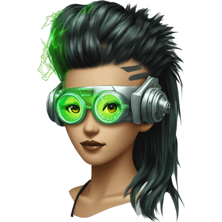 Neon green Mohawk hair Asian female cyborg head with silver steampunk goggles and circuits emoji