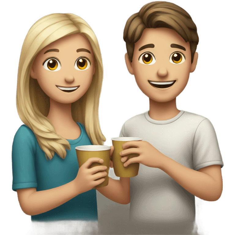 smiling boy with smiling girl with cup indoors emoji