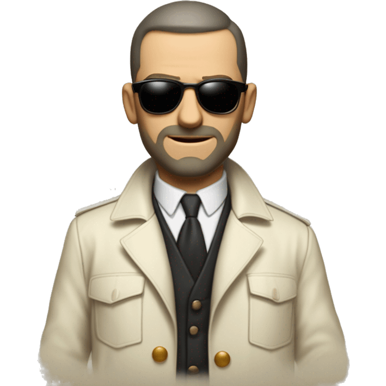 <excerpt>
A 1930s white man with real buzz cut Black hair, beard stubble donning small red tinted sun glasses in a dirty white trench coat, is serious.
</excerpt> emoji