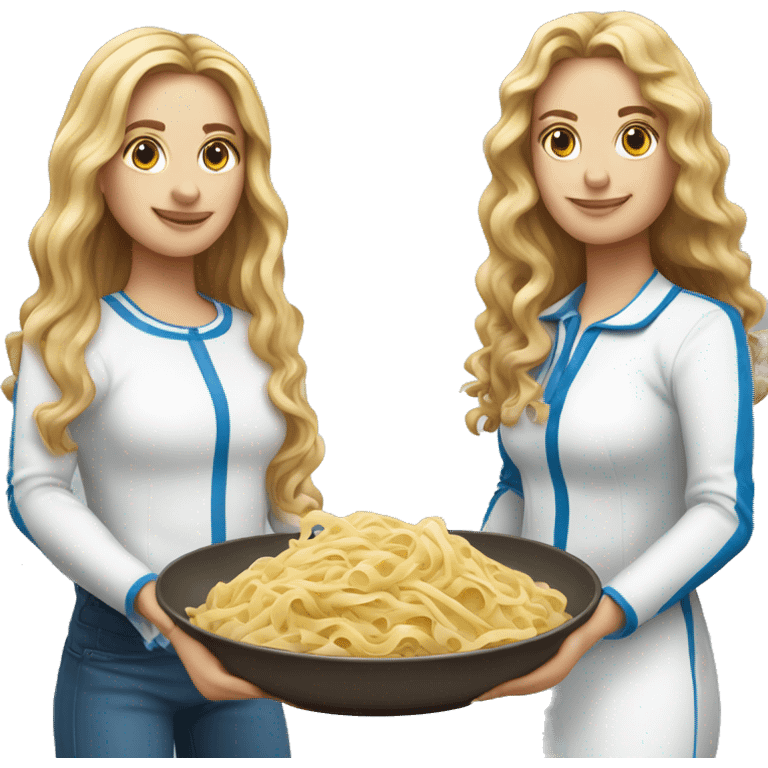 2 women, one with straight long blonde hair and the other with long brown curly hair. Both wearing long sleeved blue and white shirts. Holding Plate of pasta. emoji