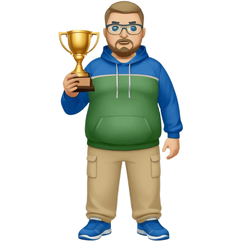 angry full body white obese male basketball coach with trophy. Goatee , Wearing glasses and blue and green hoodie and khaki pants emoji