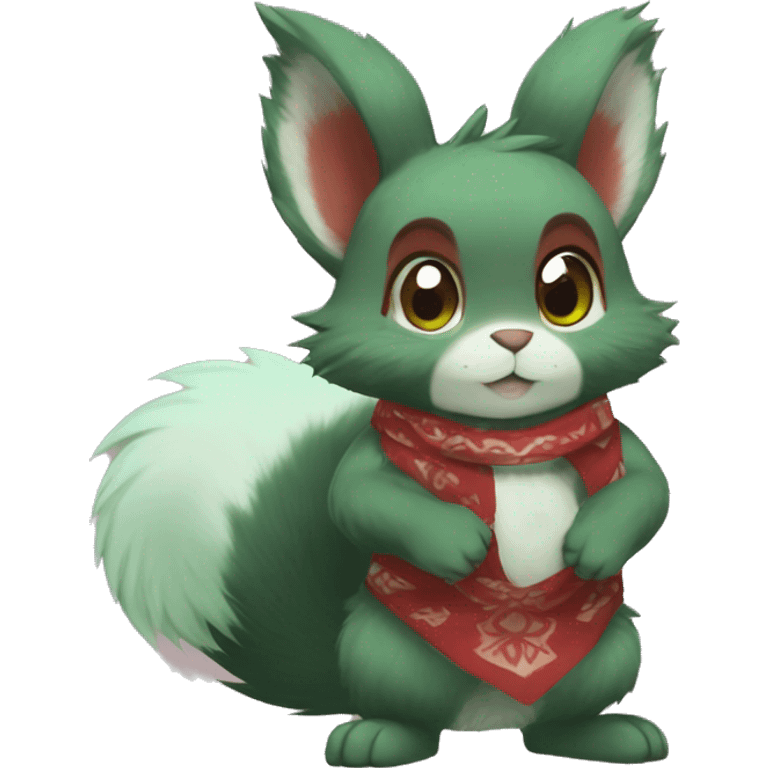 Cute, Chibi, chubby, fluffy, Kemono-style, Anthro, Fur-Sona, Dark-Red, Squirrel-Rabbit-hybrid-Fakémon, with a green bandana, full body emoji