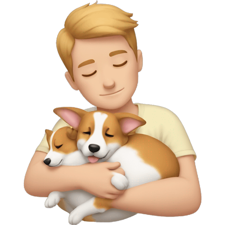  Boy sleeping with corgi puppy in Arms  emoji