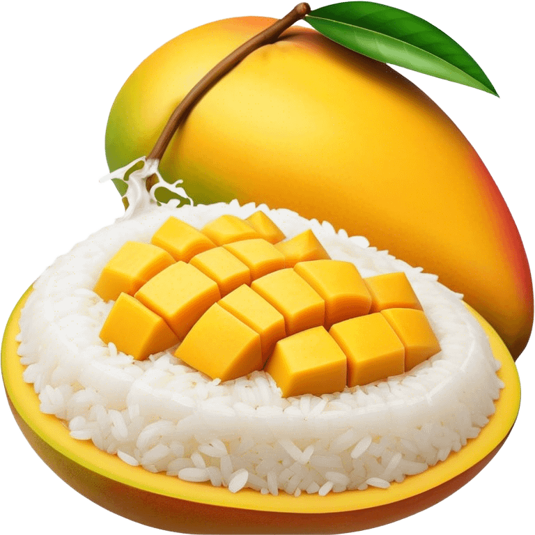 Cinematic Realistic Mango Sticky Rice Dessert Emoji, showcasing sweet sticky rice paired with ripe mango slices and coconut milk rendered with lifelike detail and warm, inviting lighting. emoji