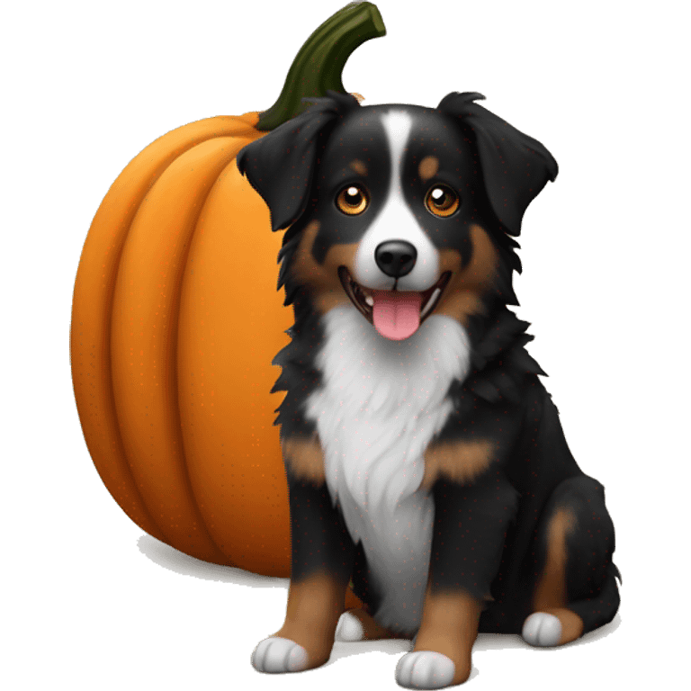 Small black australian shepherd dog in a pumpkin emoji