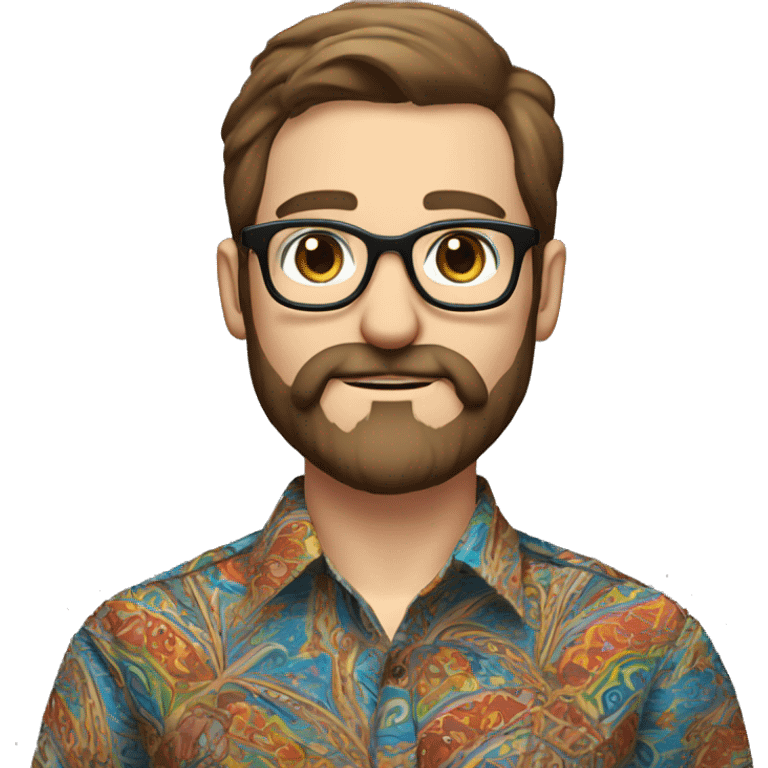 a male teacher with pale skin, black round glasses, brown hair, a beard and moustache, wearing a paisley colorful shirt, add dark eyes and make the glasses more round. Make the eyebrows more sparse emoji