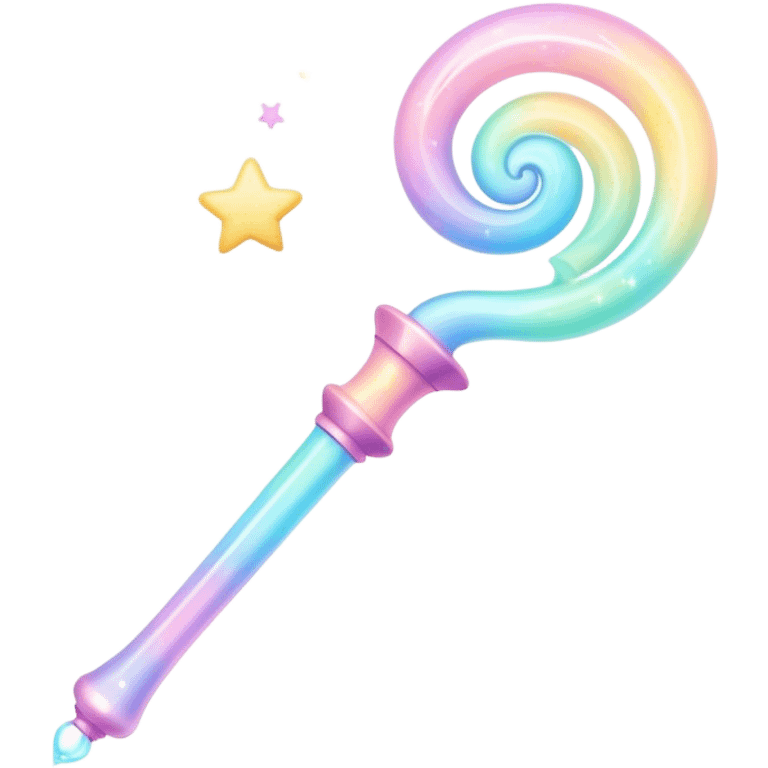 Cinematic cute magical wand, pastel swirls of color, tiny twinkling stars floating around, glowing softly, chubby rounded edges, whimsical and dreamy. emoji