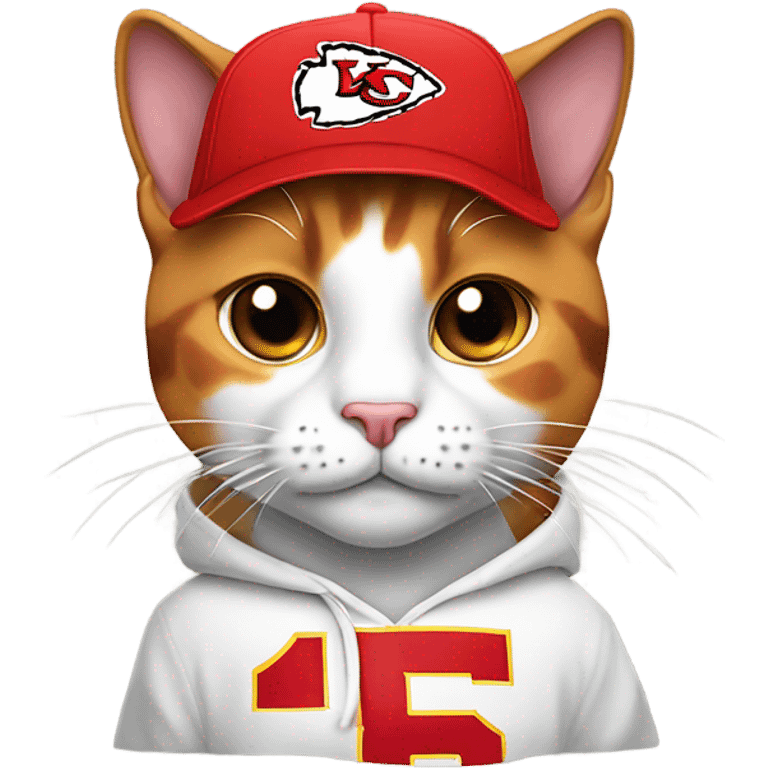 Calico cat wearing KC chiefs hoodie and chiefs ball cap emoji