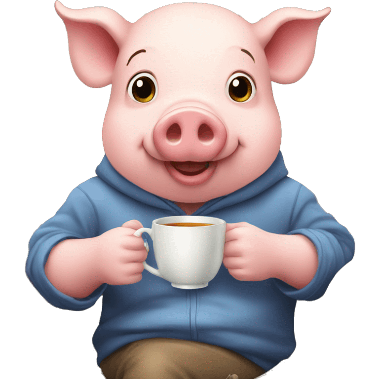 pig drinking tea looking at camera sitting in a chair emoji