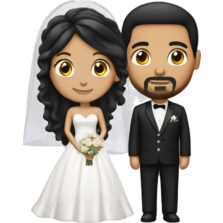 wedding couple. groom is white with black hair and goatee and black hair. Bride long hair black  emoji