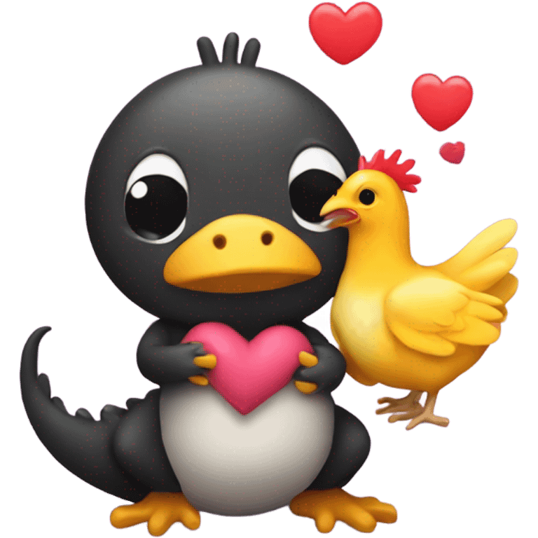 Salamander Hugging a chicken with lots of hearts emoji