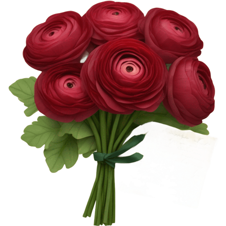 A bouquet of ruby-red ranunculus tied with a velvet ribbon and an old love letter emoji