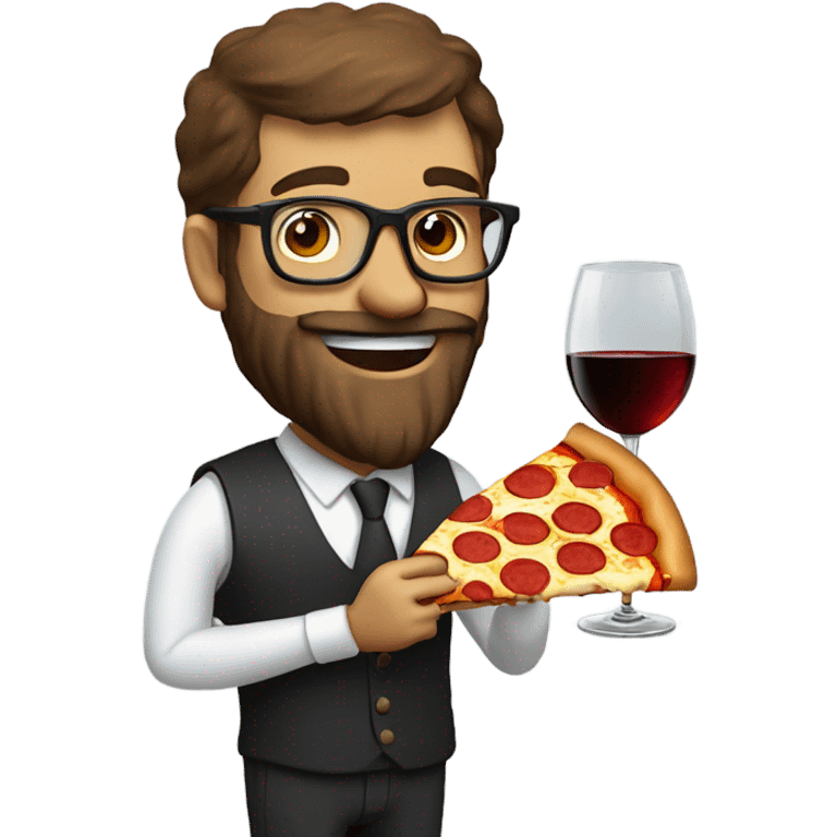 Man with glasses and beard eating pizza and drinking red wine emoji