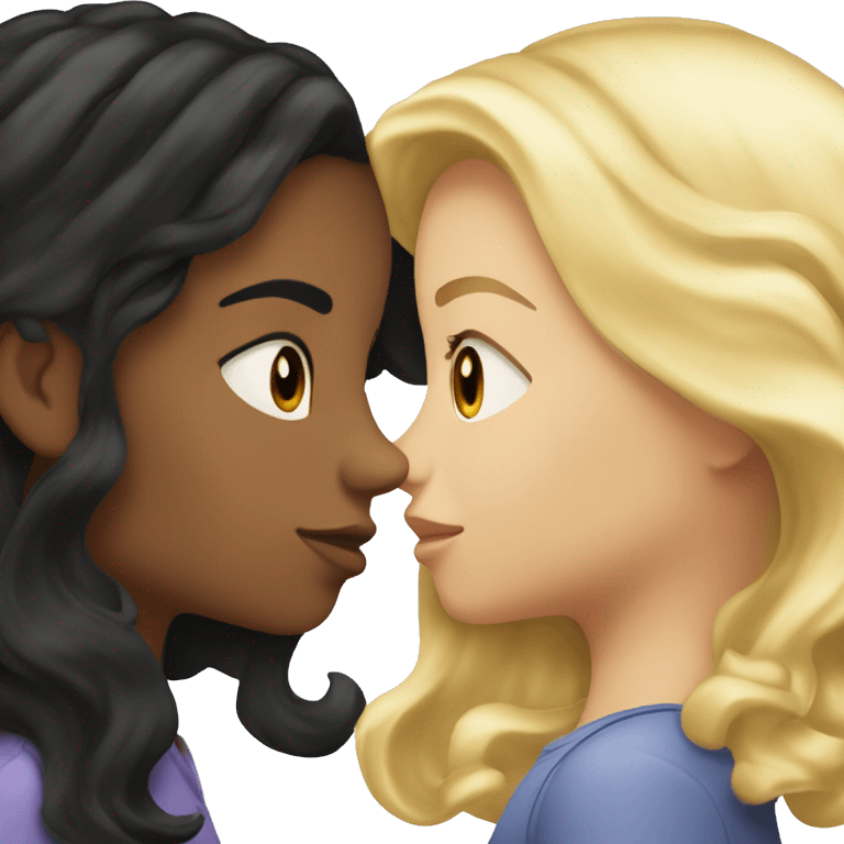 A straight black hair girl kissing a wavy blonde hair girl emoji