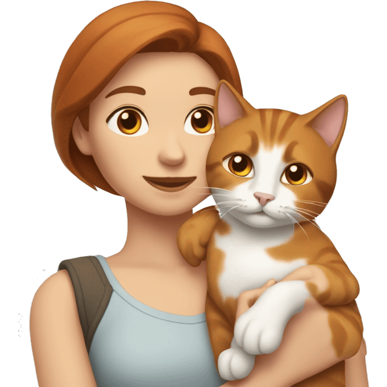 a woman with brown hair holds a ginger cat in one hand and a gray and white cat in the other emoji