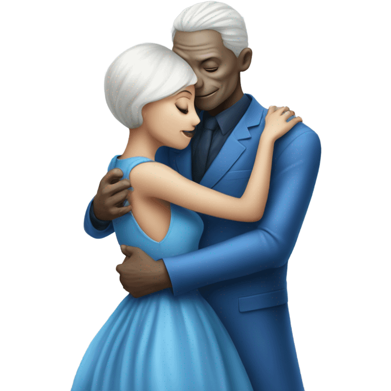 White man in blue dress  hugs and kissing Alien reptilian woman in silver dress  emoji