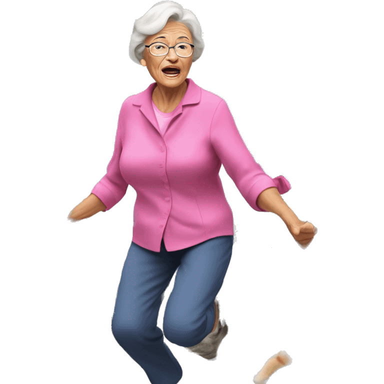 Grandmother climbing mount everest wearing a pink blouse followed by hundreds of cats and grandchildren, as she throws food rations down to them to help them push forth, their faces showing visible exertion. emoji