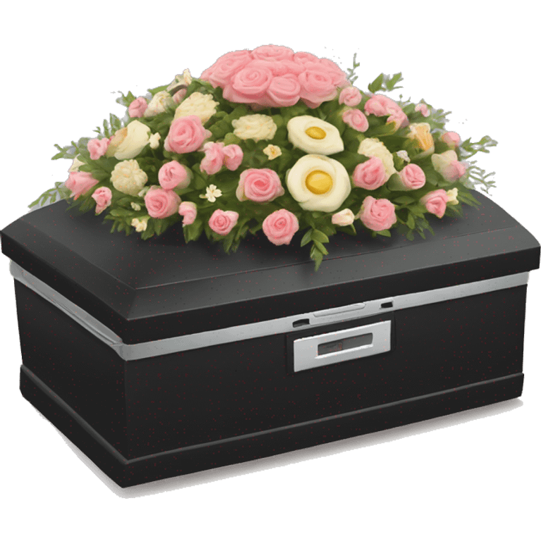 Create an emoji-style scene featuring a Roomba at a somber funeral. The Roomba should have a small black bow tie or veil, and it’s positioned in a tiny casket with flowers emoji