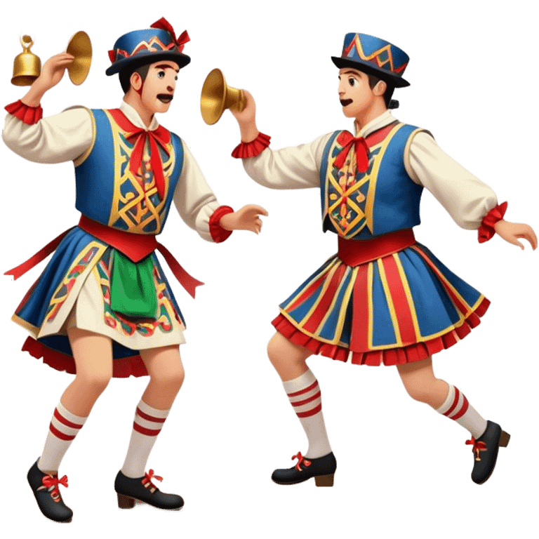 Cinematic Realistic scene of two performers executing a Morris Dance in full traditional costume—with bells, ribbons, and clogs—captured in dynamic motion against a rustic English backdrop and warm, golden lighting emoji