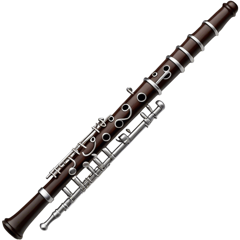 Create an elegant and detailed emoji representing a black oboe with a reed. The design should showcase the sleek, dark wood finish of the oboe, with the metal keys clearly visible. The reed should be delicately placed at the top of the instrument, emphasizing its essential role in producing sound. Add subtle details like the silver or brass accents on the keys to reflect the high-quality craftsmanship of the instrument. Use deep black, silver, and wood tones for the oboe to capture its sophisticated appearance. The background should be transparent. emoji