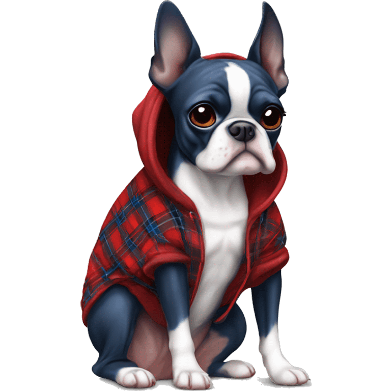 Boston terrier in a blue white red plaid hoodie ￼ emoji