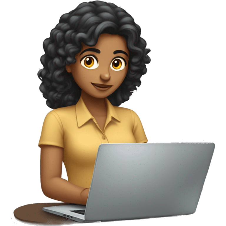 Indian woman working on laptop with long black curly hair emoji