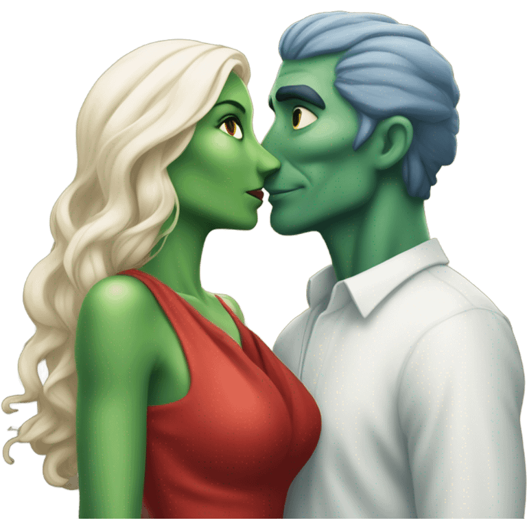 Beatiful tall green skin female reptilian in red dress, kissing white man in blue dress, full figure, full body emoji