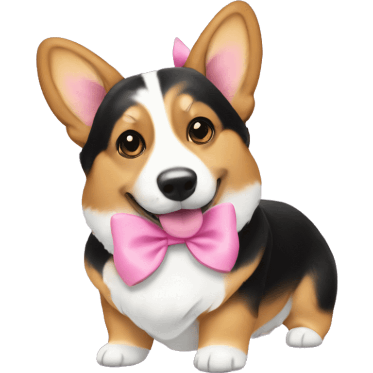 Black and tan corgi with name tag that says “Gracie” with a pink bow on head emoji