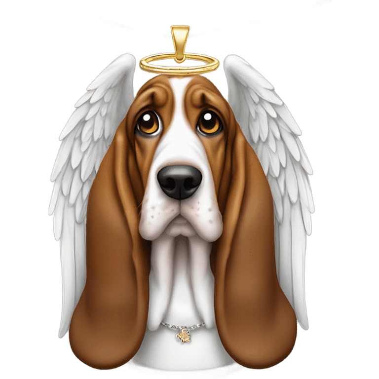 Elderly Basset hound with angel wings, wearing a large letter D bling necklace sat in a meadow  emoji