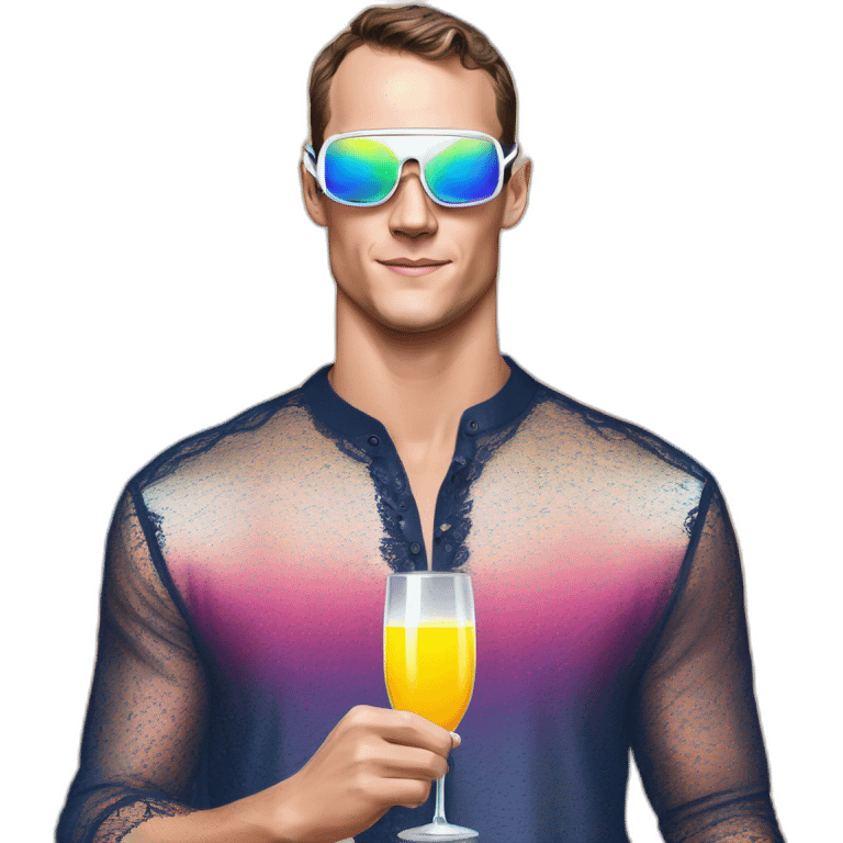 Fancy disco Jonathan Toews wearing rainbow lace shirt and wearing VR glasses and drinking a mimosa emoji