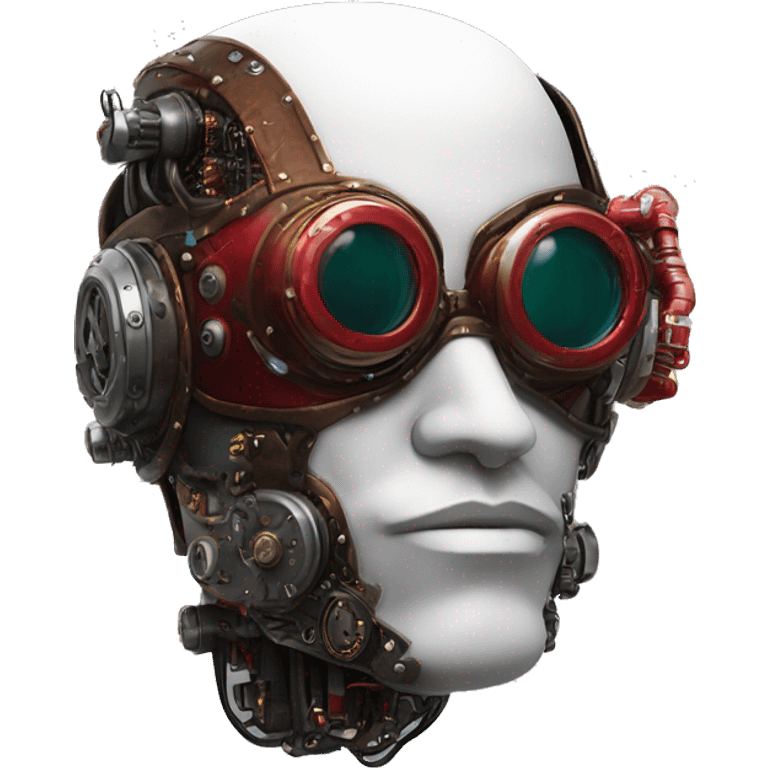 Round cyborg head with red steampunk goggles, black goatee and circuits emoji