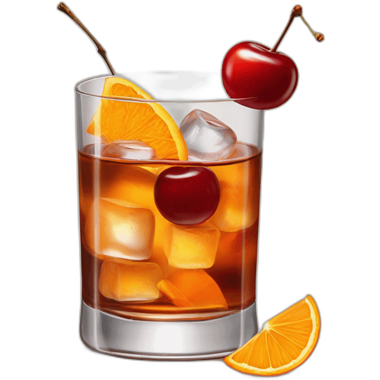 Short old fashioned glass, whiskey cocktail cherry, ice cubes, singular orange peel twist emoji