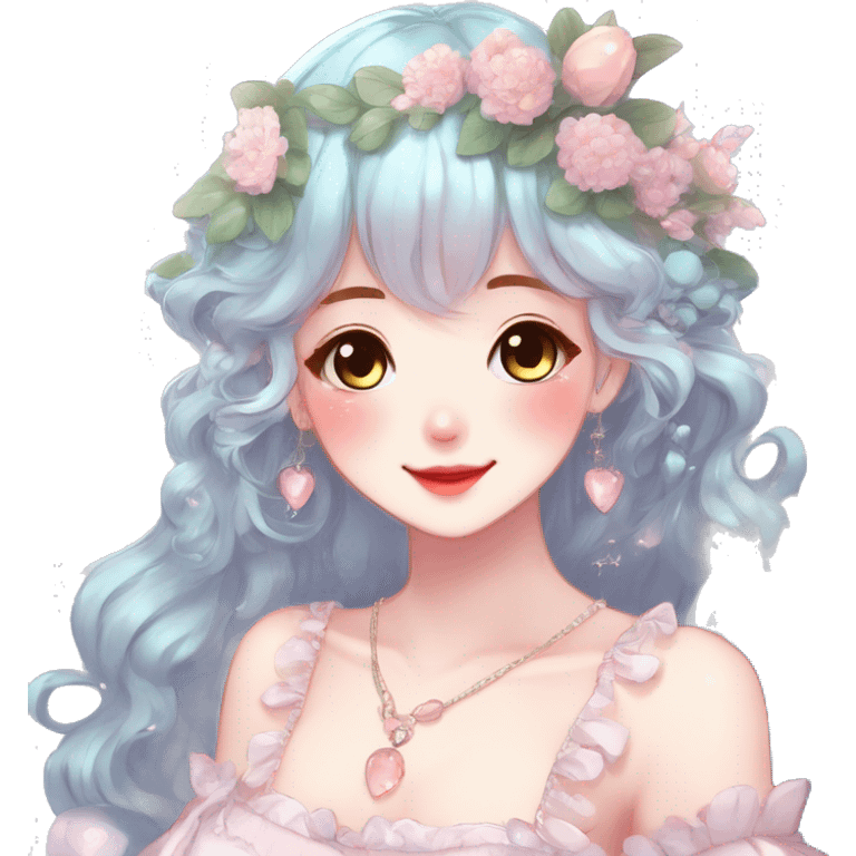 Gorgeous anime style lady with blushing face and accessories cottagecore fairycore Kawaii anime colorful pearly romantic aesthetic trending style emoji