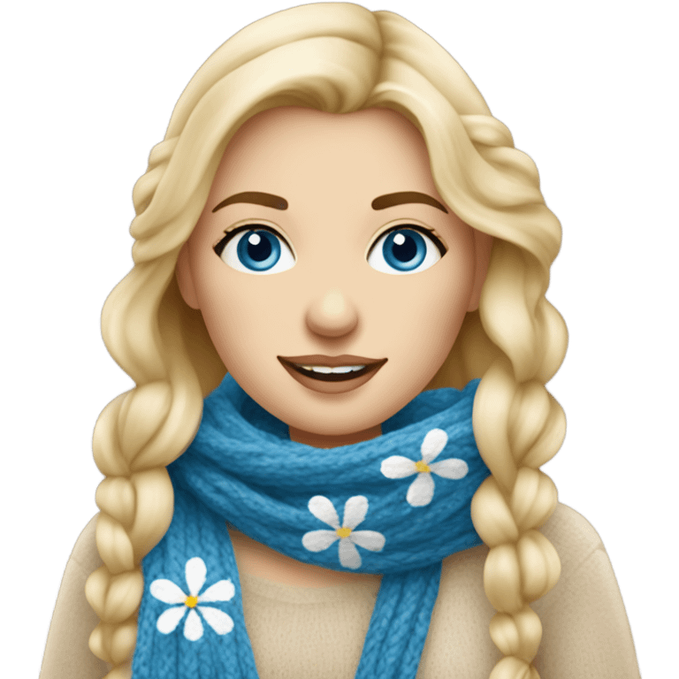 beautiful finnish blonde woman with blue eyes knitting scarf with flowers emoji