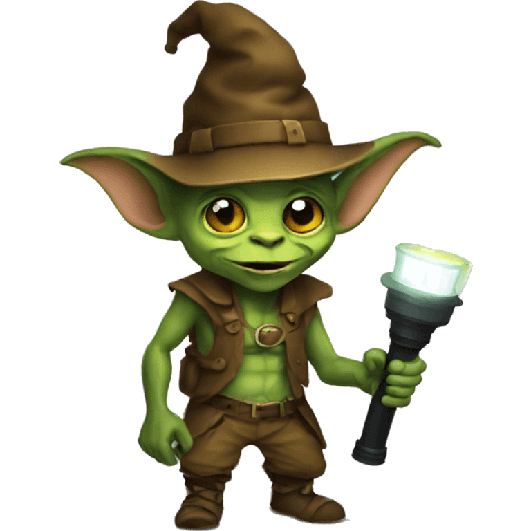 goblin wearing hat holding flashlight emoji