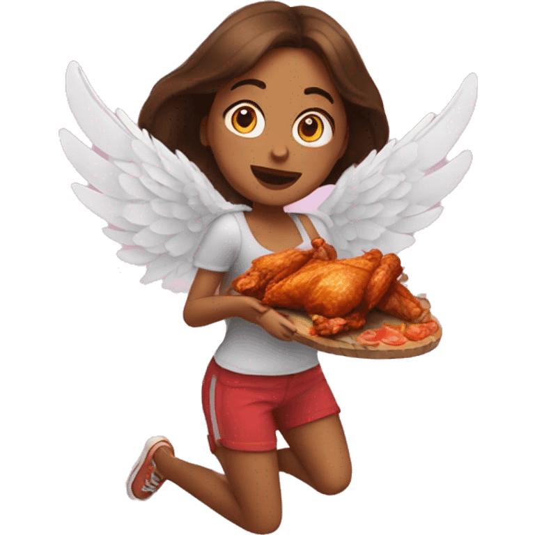 a girl flying with two bbq chicken wings on her back emoji