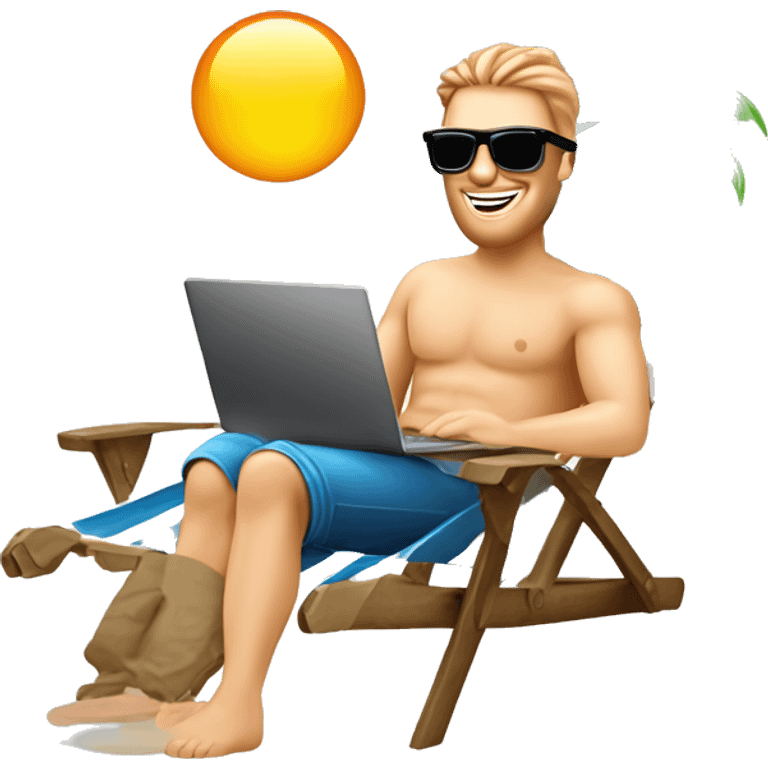 happy caucasian man in sunglasses working on laptop in beach chair, palm tree emoji