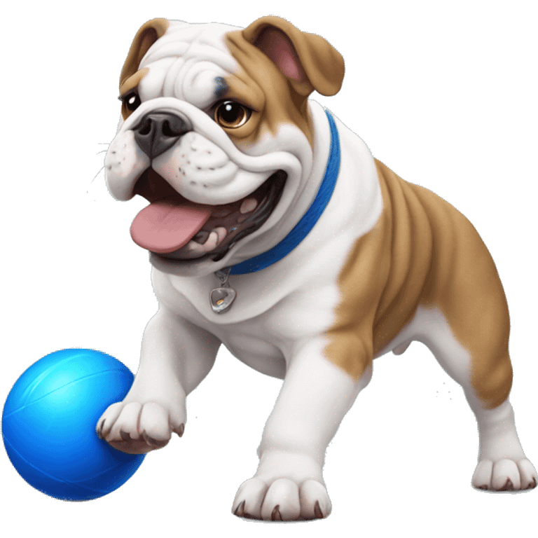 English bulldog playing with blue ball emoji