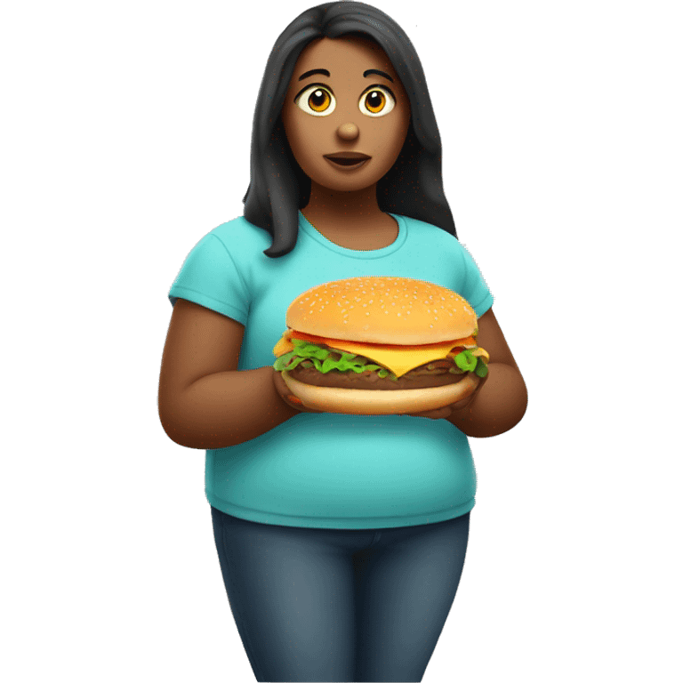 Obese girl holding a burger emoji