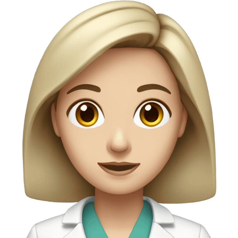 White woman with brown hair and long eyelashes in medical coat emoji